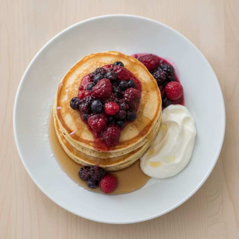 Fluffy Buttermilk-Style Protein Pancakes with Berry Compote