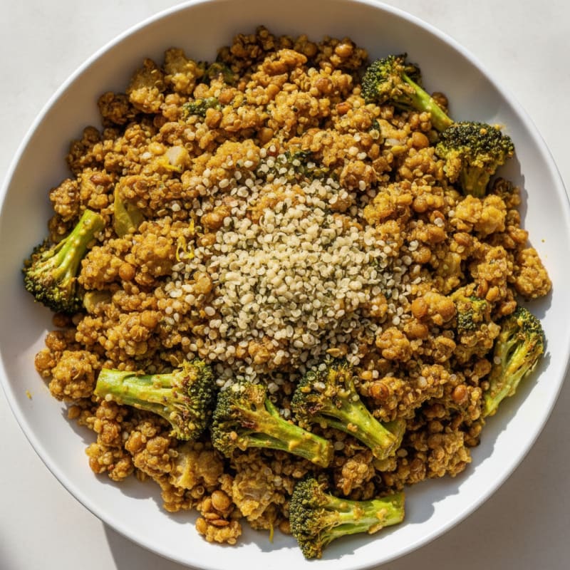 Crispy Lentil and Quinoa Power Bowl with Roasted Broccoli