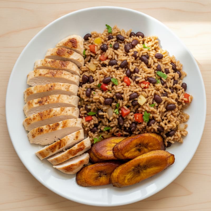 Gallo Pinto with Fried Plantains and Seared Chicken