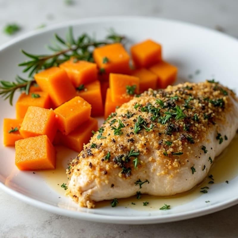 Herb-Crusted Baked Chicken Breast with Roasted Sweet Potatoes