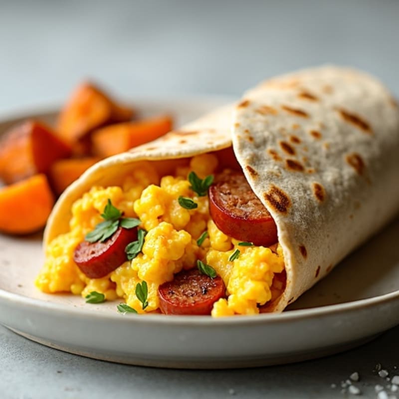 Lean Turkey Sausage and Scrambled Egg Breakfast Burrito with Roasted Sweet Potatoes
