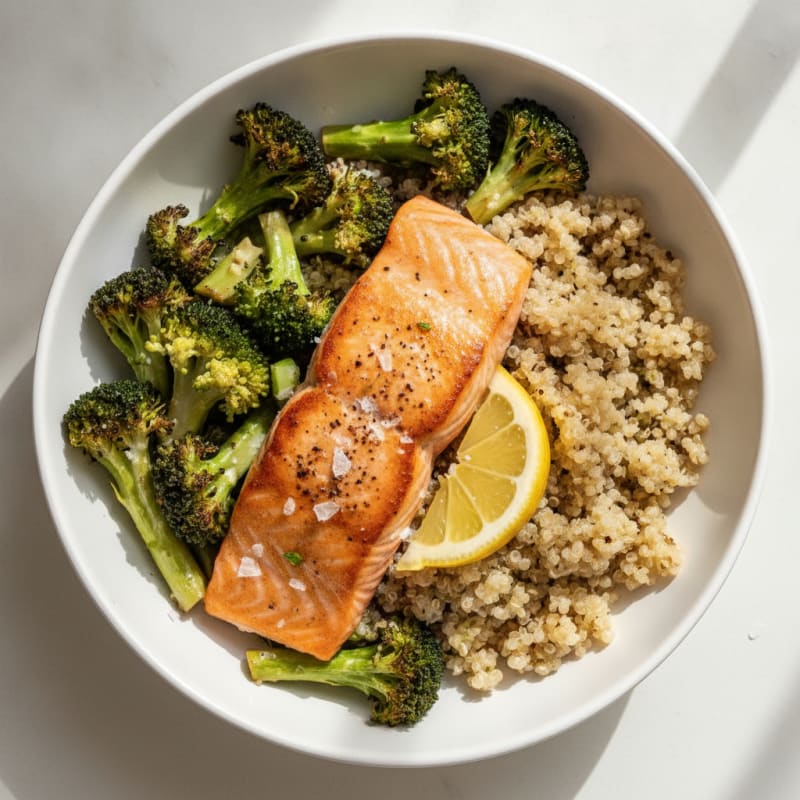Seared Salmon with Roasted Broccoli and Quinoa