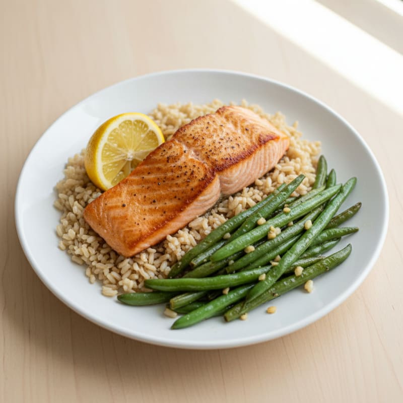 Seared Salmon with Garlic Green Beans and Brown Rice