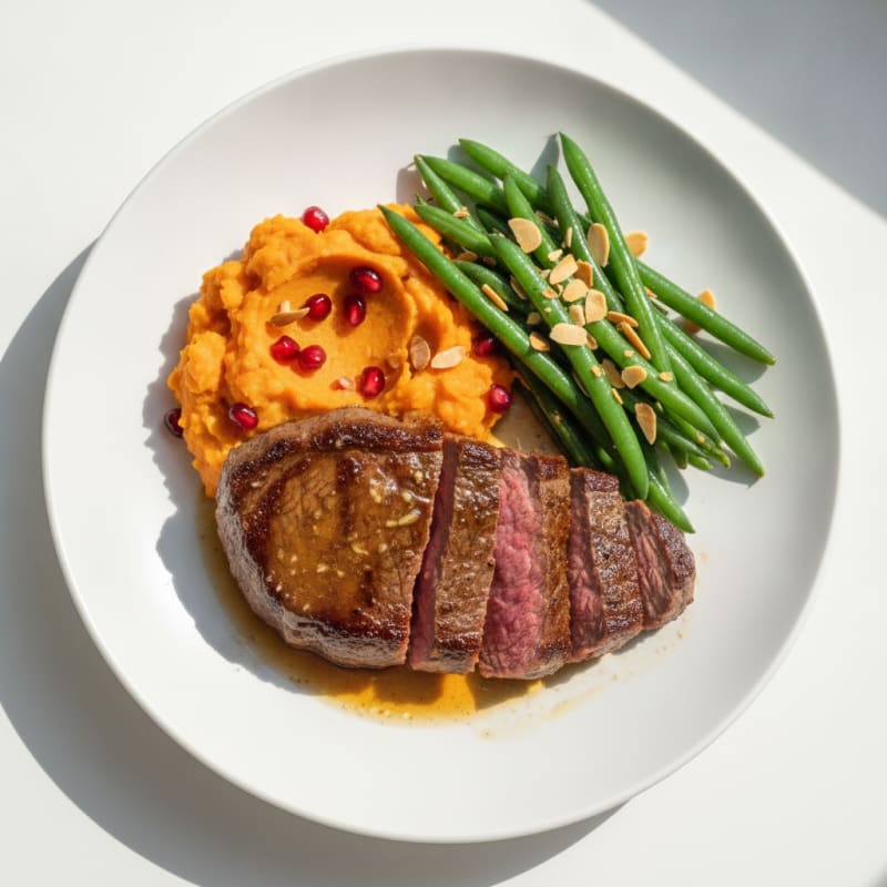 Seared Lean Beef with Steamed Green Beans and Sweet Potato Mash