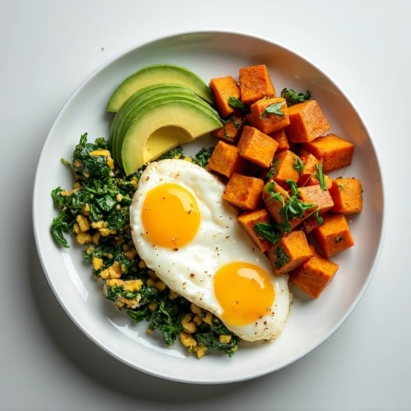 Egg White Spinach Scramble with Sautéed Turkey and Sweet Potato
