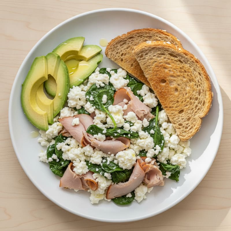 Cottage Cheese Egg White Scramble with Smoked Turkey and Spinach