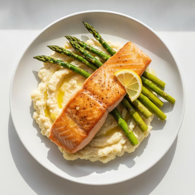 Seared Salmon Fillet with Roasted Asparagus and Cauliflower Mash