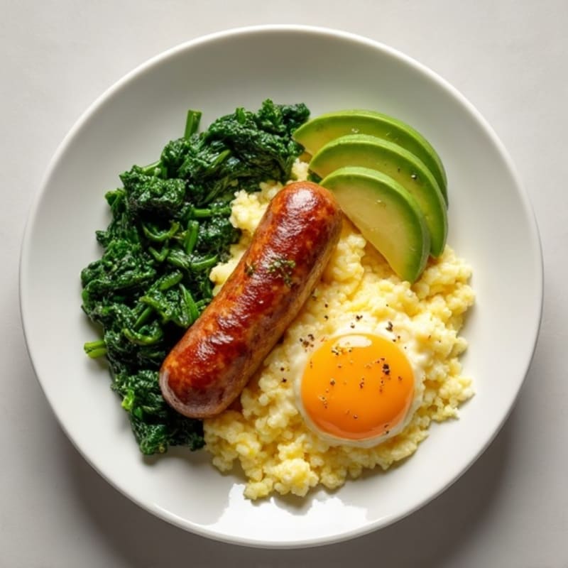 Egg White Scramble with Turkey Sausage and Sautéed Spinach