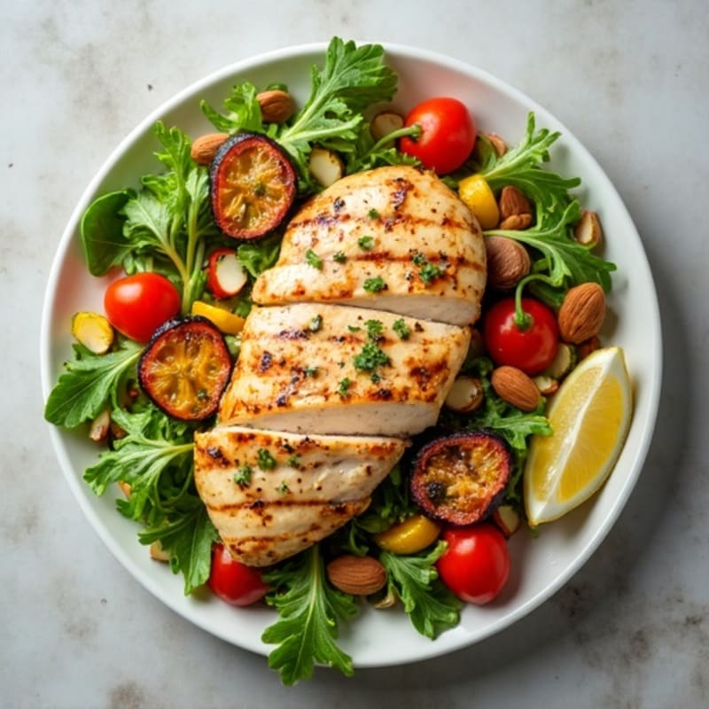 Grilled Chicken Breast Salad with Mixed Greens and Roasted Vegetables