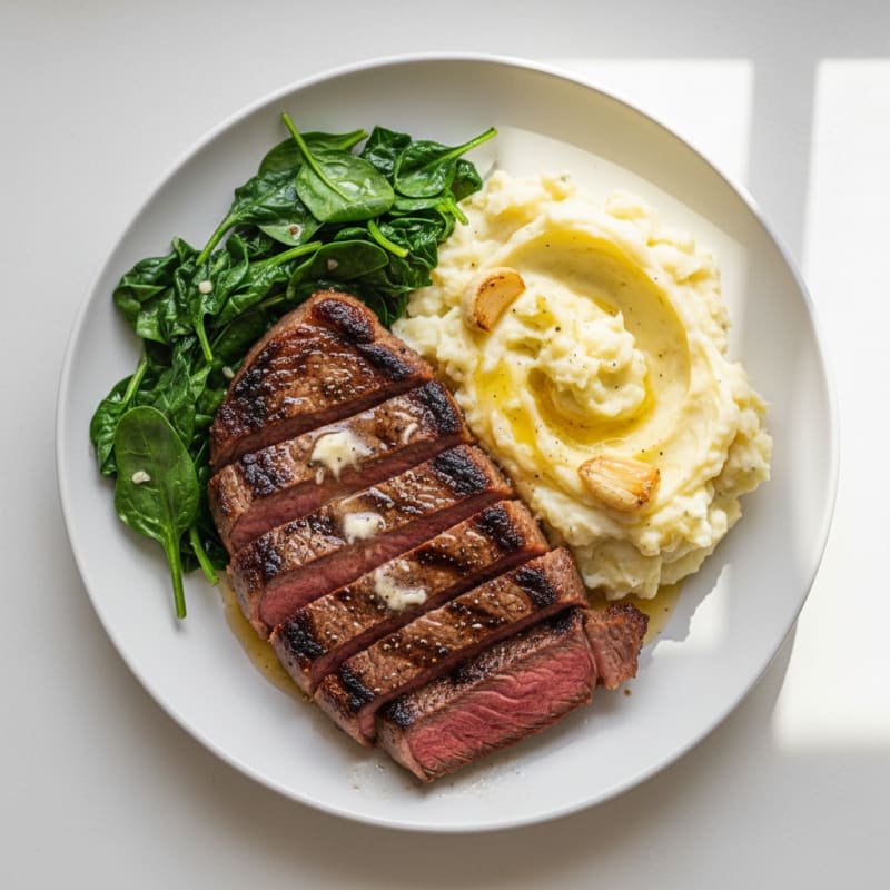 Seared Steak with Garlic Mashed Potatoes and Sautéed Spinach