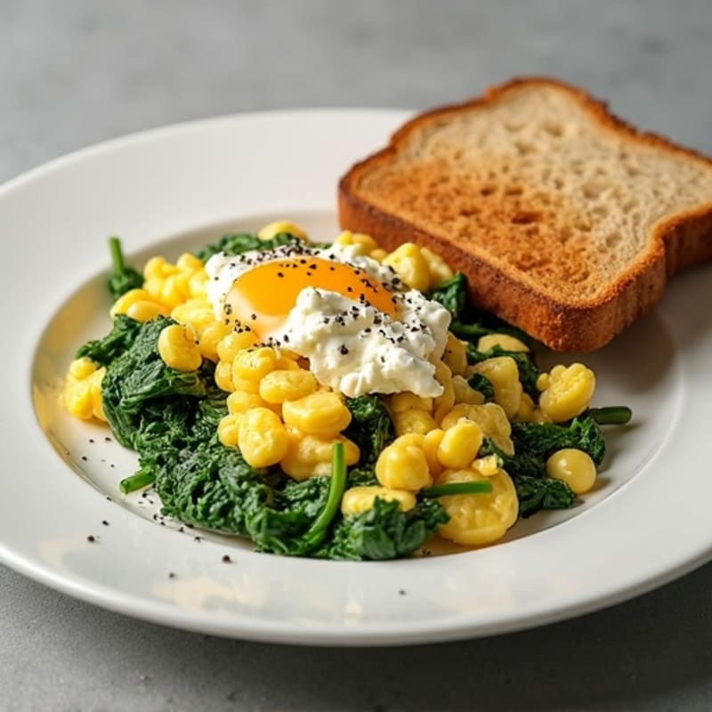 Scrambled Eggs with Sautéed Spinach and Feta