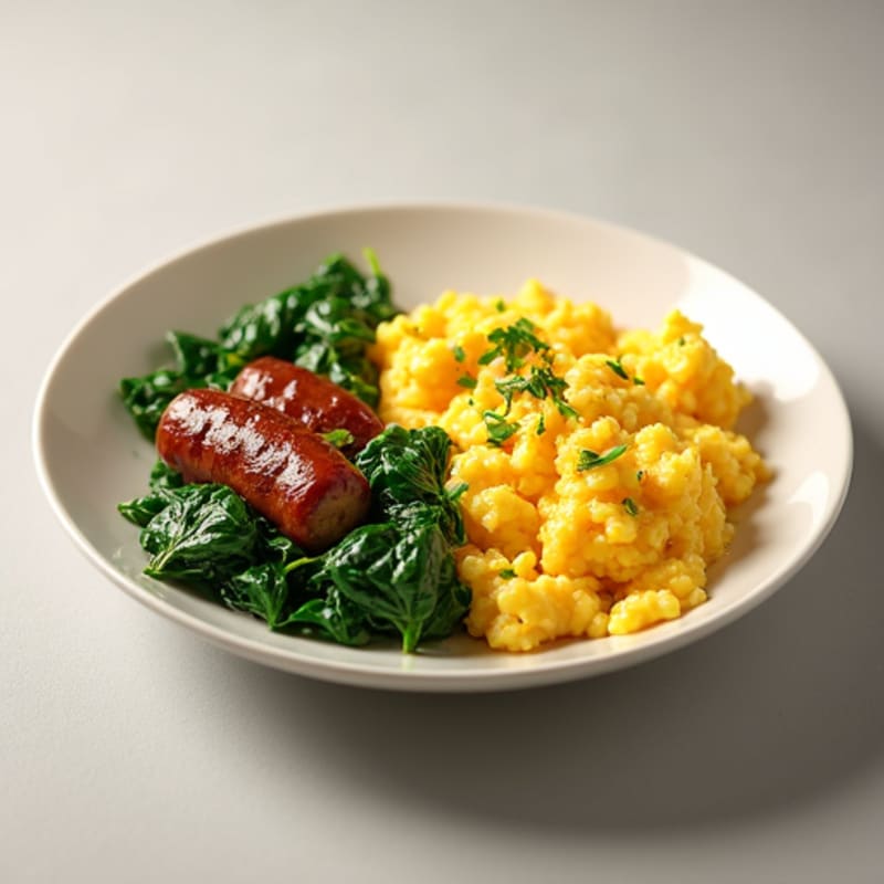Scrambled Eggs with Sautéed Spinach and Turkey Sausage