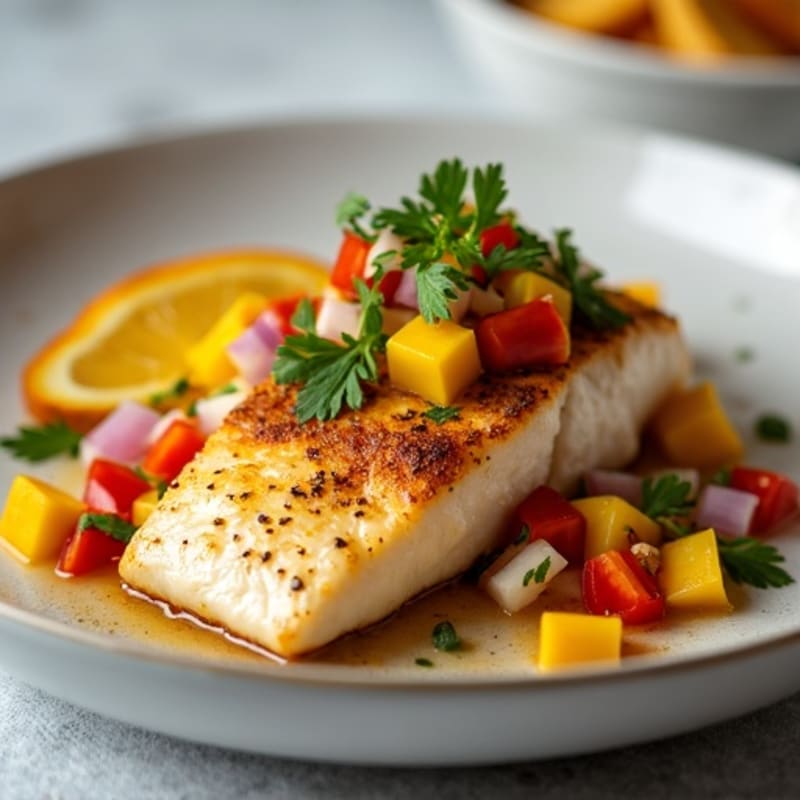 Pan-Seared Halibut with Vibrant Mango Salsa and Crispy Plantain Chips