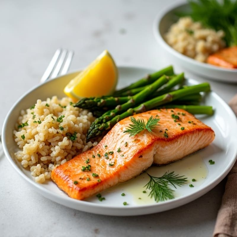Flaky Lemon-Herb Baked Salmon with Roasted Asparagus and Brown Rice