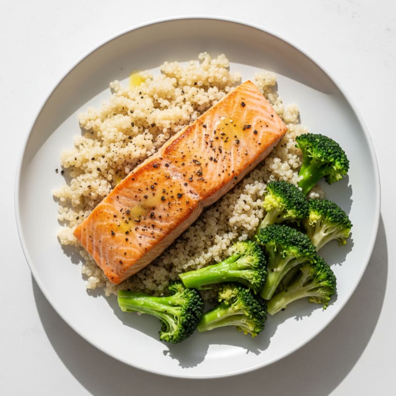 Seared Salmon Filet with Steamed Broccoli and Quinoa