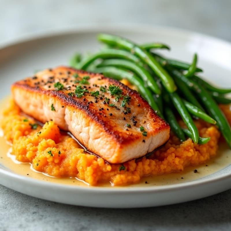 Seared Salmon with Garlic Green Beans and Sweet Potato Mash