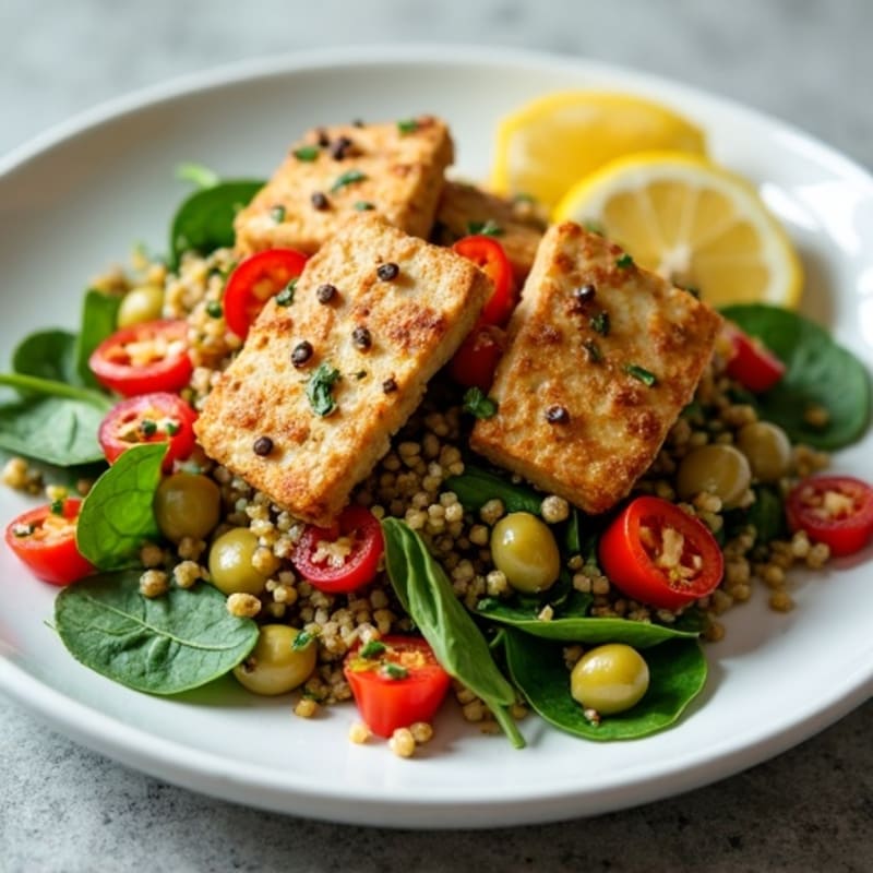 Crispy Baked Tofu and Quinoa Power Salad with Lemon-Tahini Dressing
