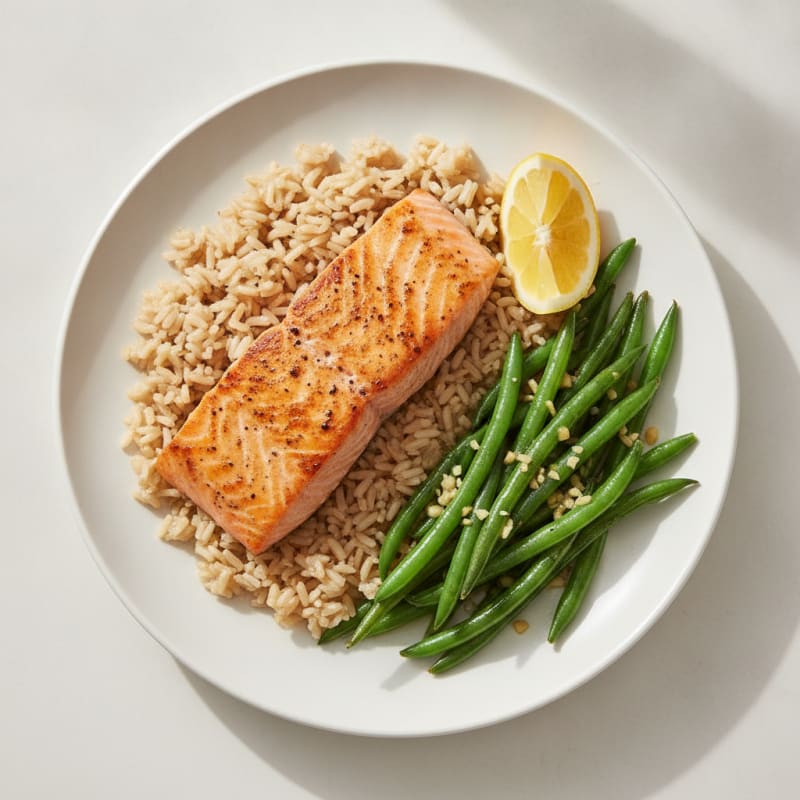 Seared Salmon Fillet with Garlic Green Beans and Steamed Brown Rice