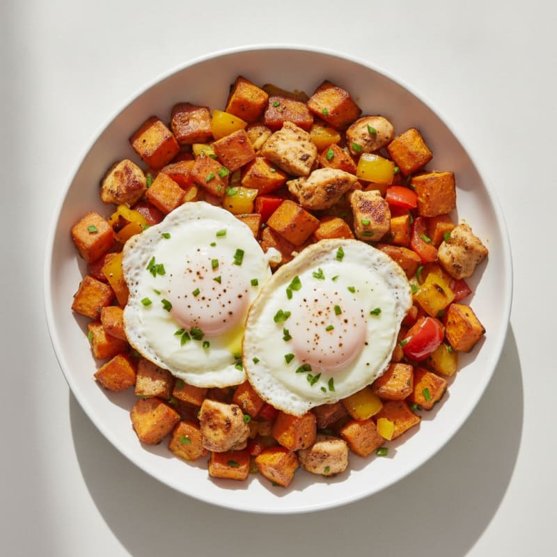Egg and Roasted Sweet Potato Hash with Bell Peppers and Onions