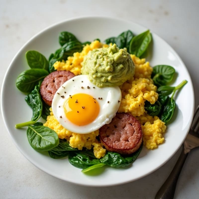 Egg White and Turkey Sausage Scramble with Cottage Cheese and Spinach
