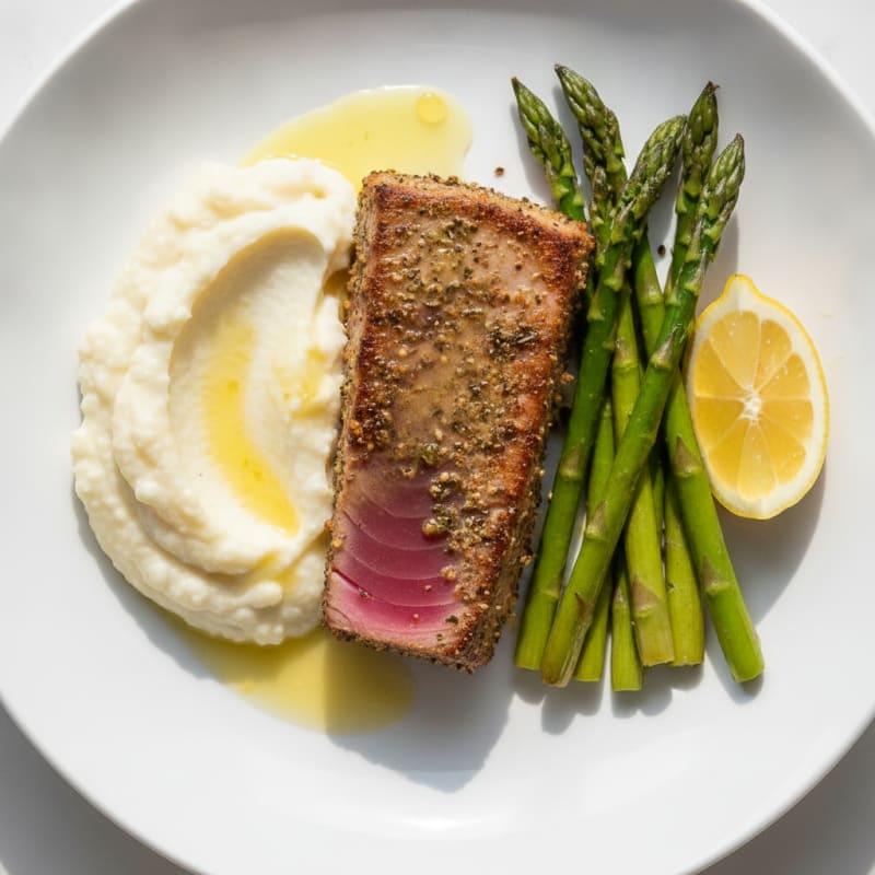Seared Tuna Steak with Roasted Asparagus and Cauliflower Mash