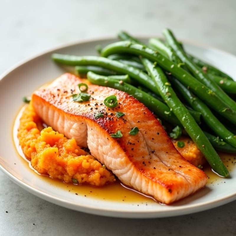 Seared Salmon Fillet with Steamed Green Beans and Sweet Potato Mash