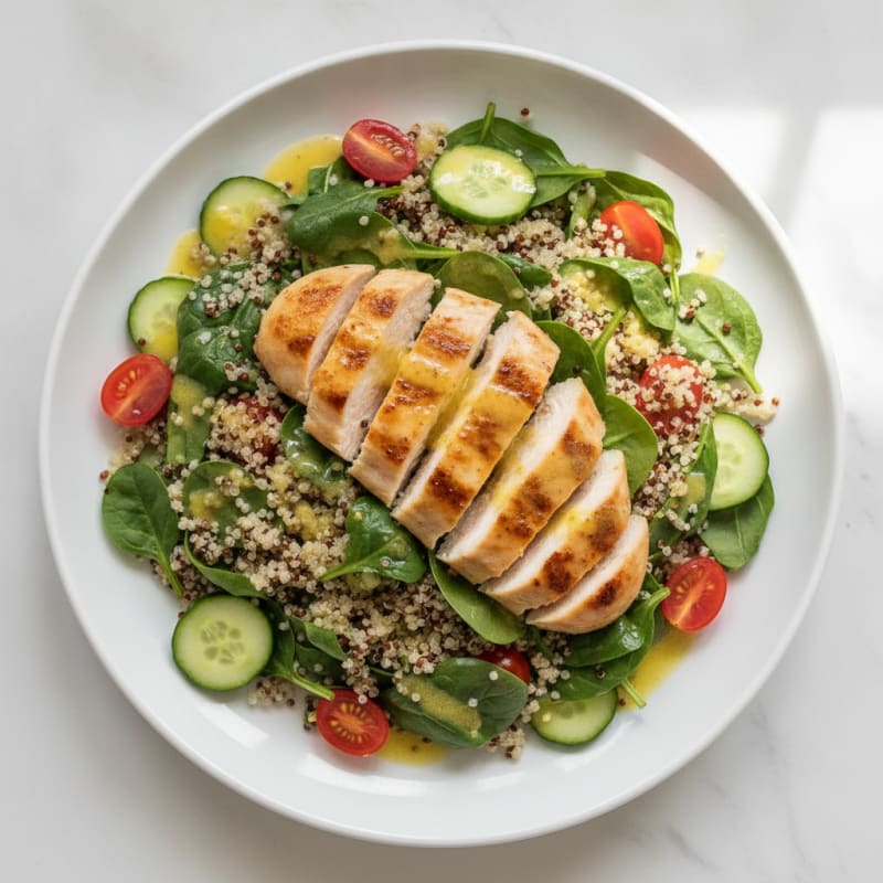 Grilled Chicken and Quinoa Salad with Spinach and Lemon Vinaigrette