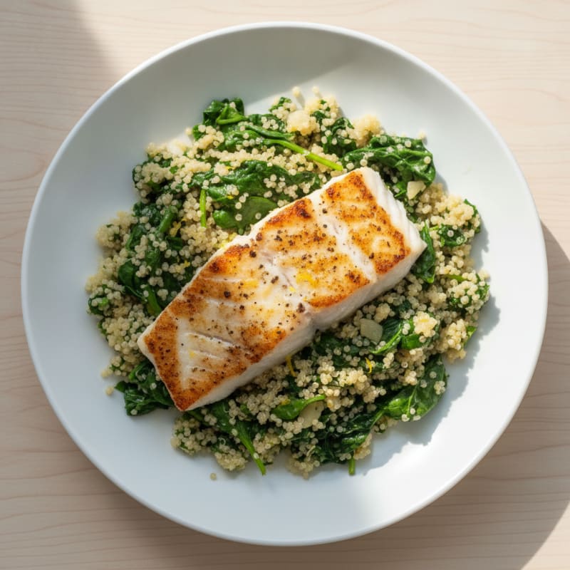 Grilled White Fish with Herbed Quinoa and Sautéed Spinach