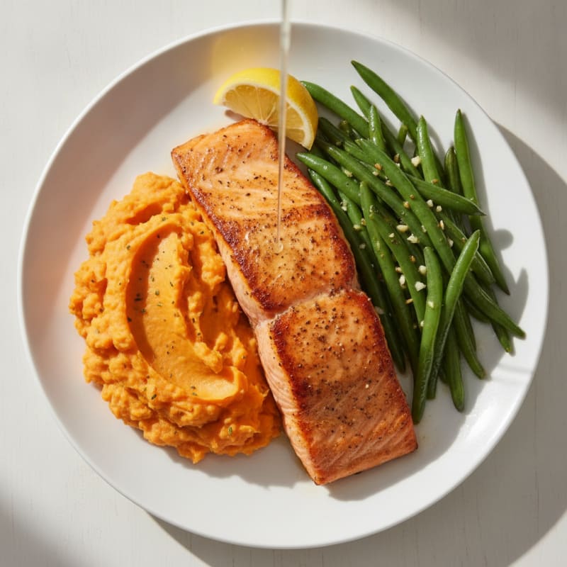Seared Salmon with Garlic Green Beans and Sweet Potato Mash