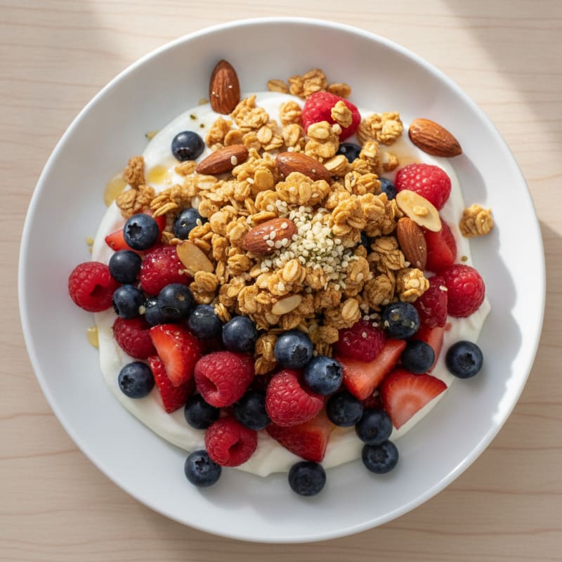 Greek Yogurt Parfait with Crunchy Almond Granola and Mixed Berries