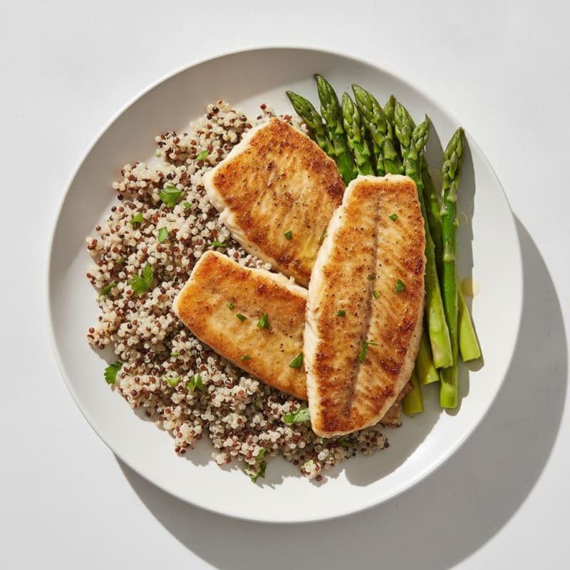 Seared Tilapia with Steamed Asparagus and Herbed Quinoa