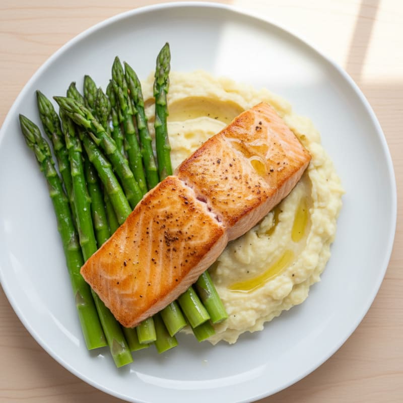 Seared Salmon with Steamed Asparagus and Garlic Cauliflower Mash