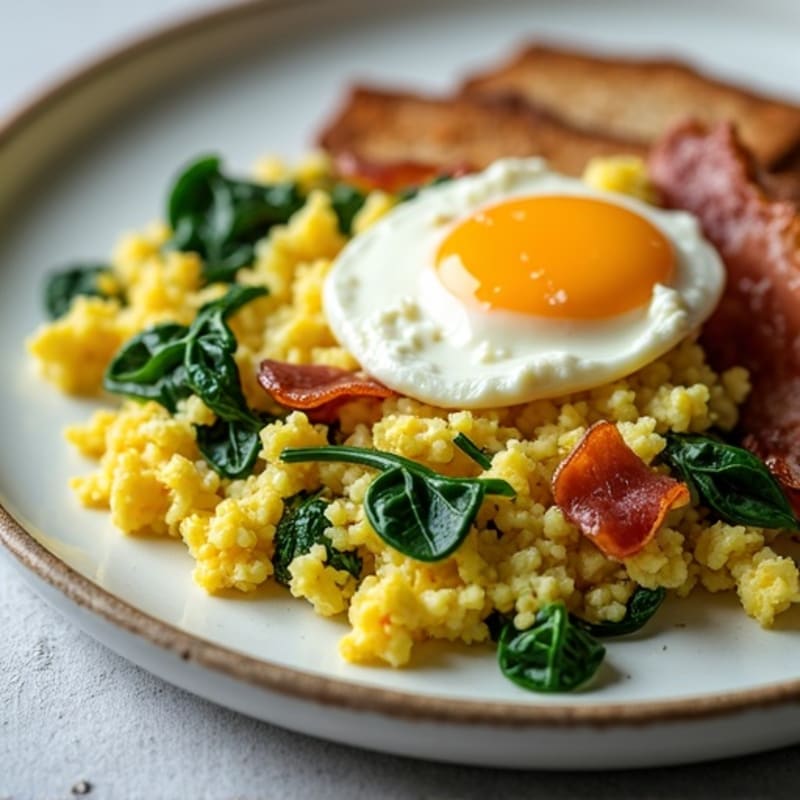 Egg White Spinach Scramble with Cottage Cheese and Turkey Bacon
