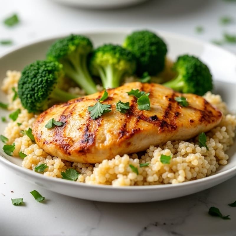 Grilled Lemon Garlic Chicken Breast with Quinoa and Steamed Broccoli