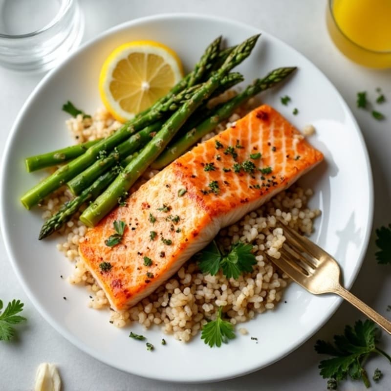 Seared Salmon Fillet with Herbed Brown Rice and Steamed Asparagus