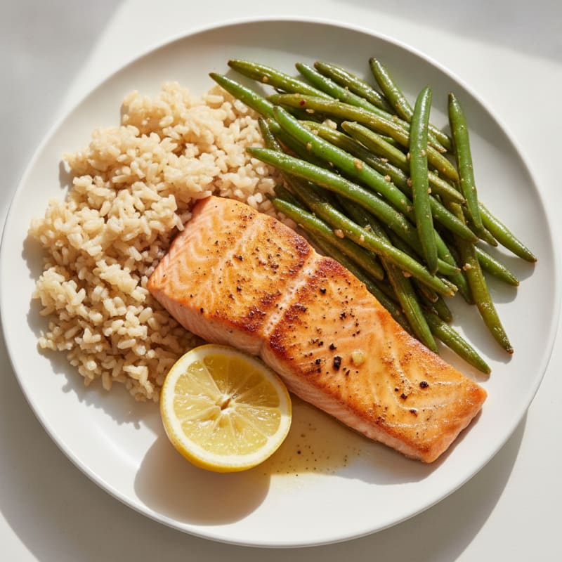 Seared Salmon Fillet with Garlic Green Beans and Brown Rice