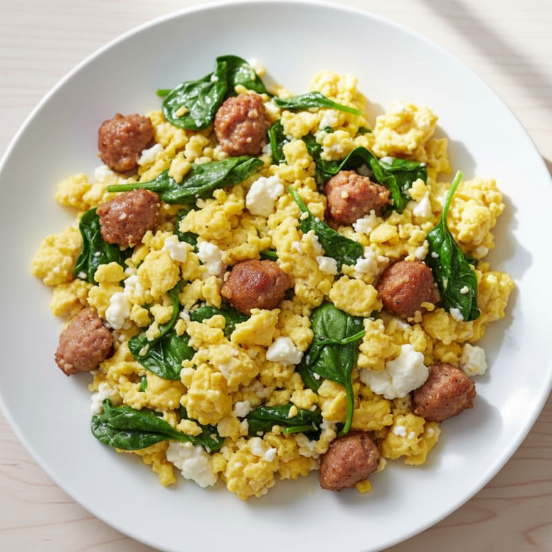 Cottage Cheese Scramble with Turkey Sausage and Spinach