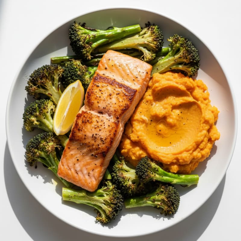 Seared Salmon with Roasted Broccoli and Sweet Potato Mash
