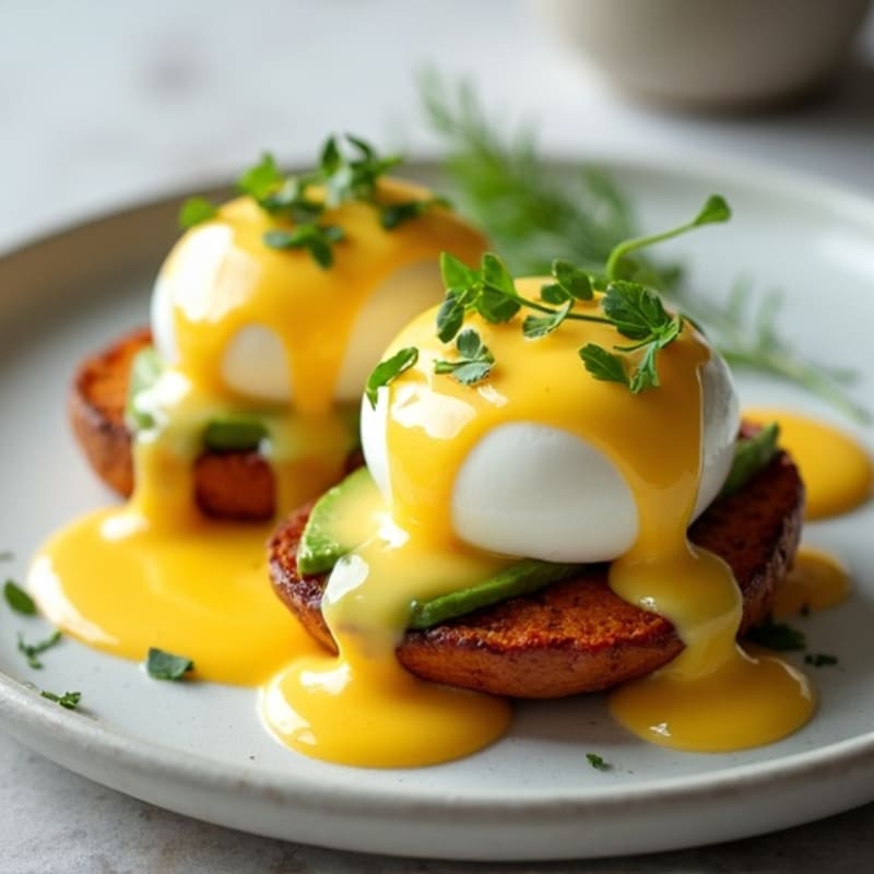 Poached Eggs with Avocado Hollandaise on Sweet Potato Rounds