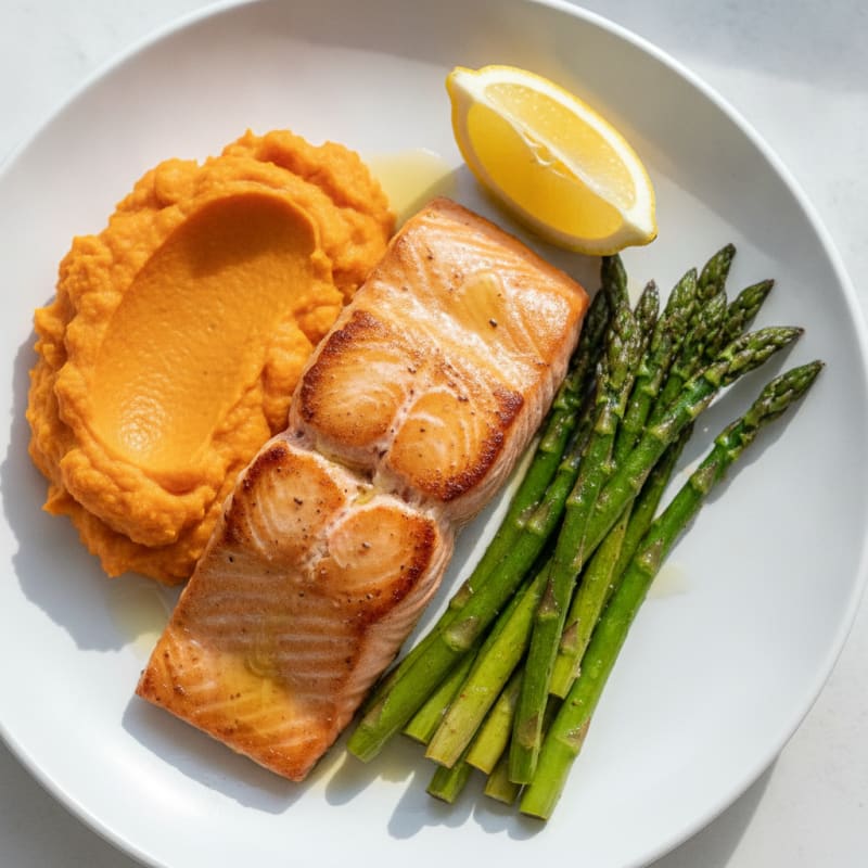 Seared Salmon Fillet with Roasted Asparagus and Sweet Potato Mash