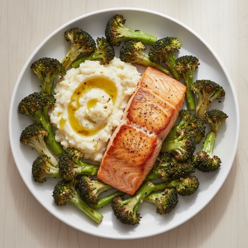 Seared Salmon with Roasted Broccoli and Garlic Mash
