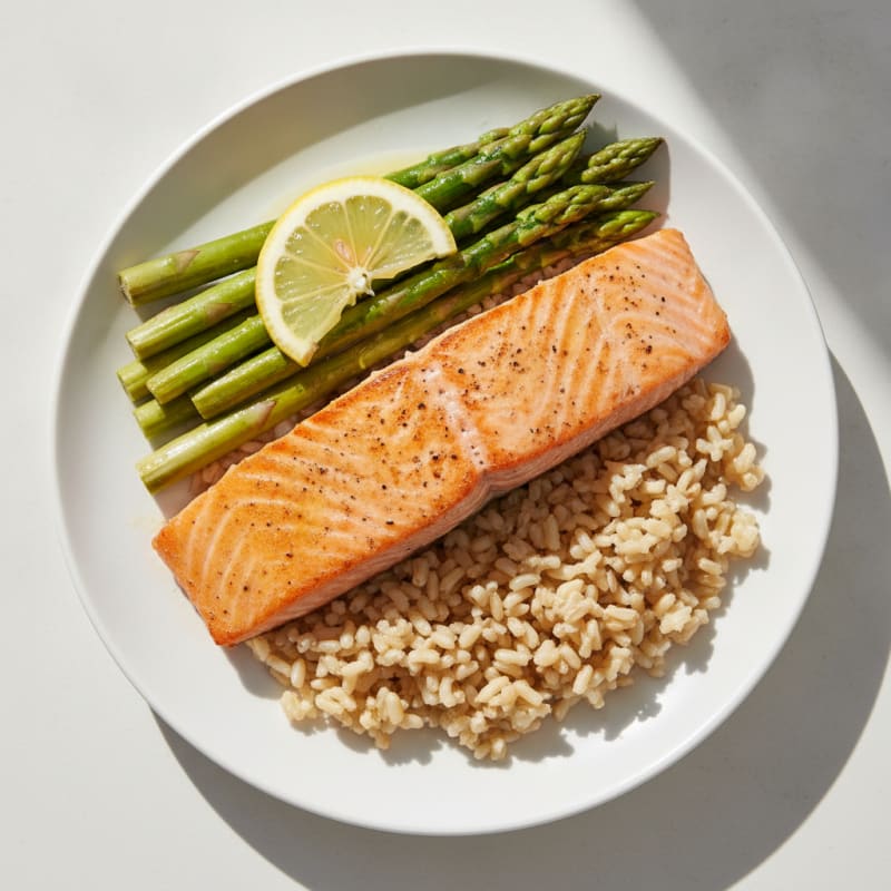 Seared Salmon with Steamed Asparagus and Brown Rice