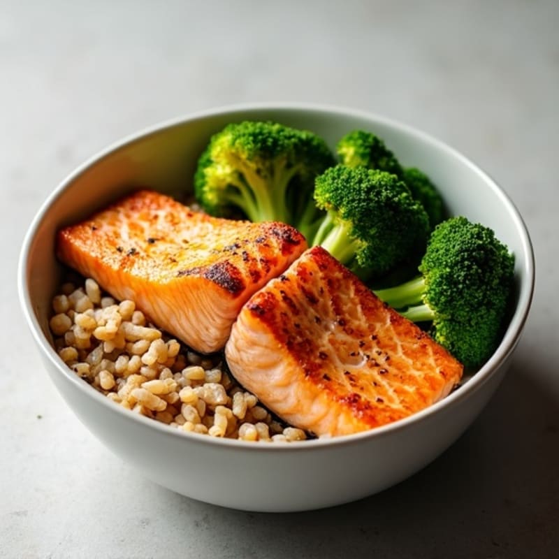 Crispy Pan-Seared Salmon with Brown Rice and Roasted Broccoli