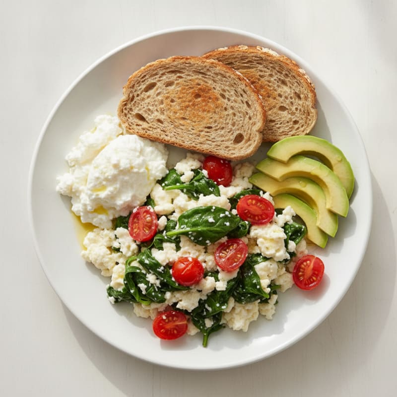 Egg White and Spinach Scramble with Cottage Cheese and Cherry Tomatoes