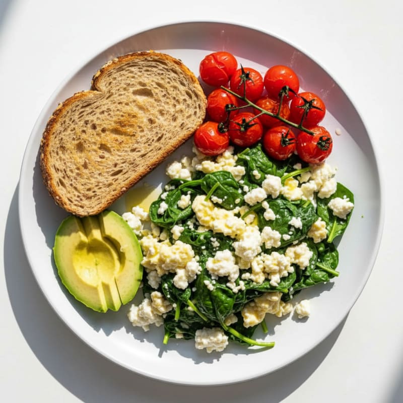 Egg White Spinach Scramble with Cottage Cheese and Cherry Tomatoes