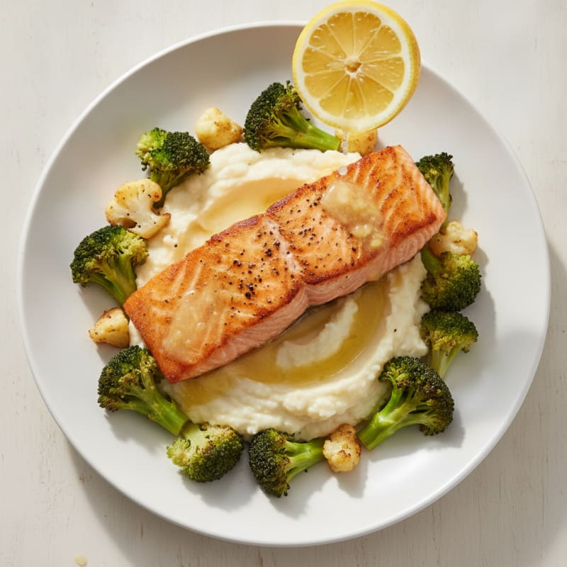 Seared Salmon with Roasted Broccoli and Garlic Mashed Cauliflower