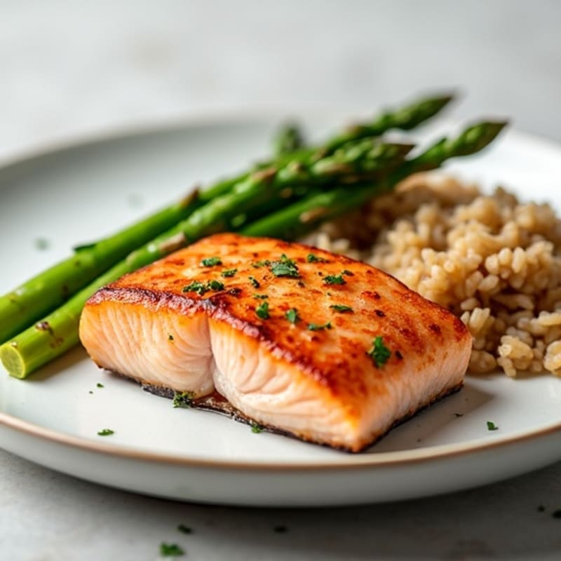 Seared Salmon with Steamed Asparagus and Brown Rice