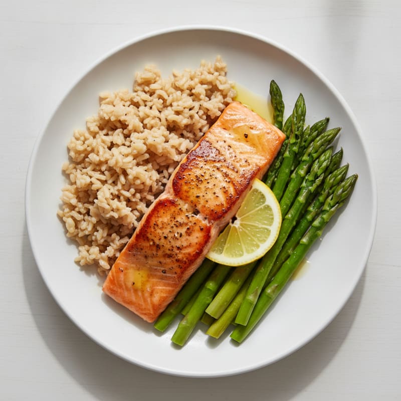 Seared Salmon with Steamed Asparagus and Brown Rice