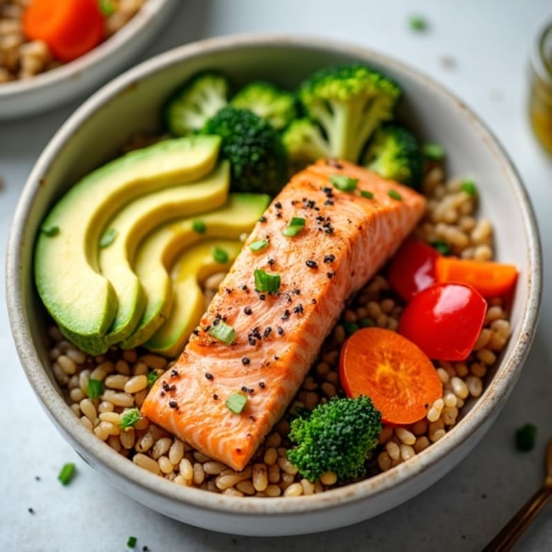 Pan-Seared Salmon Brown Rice Bowl with Creamy Avocado and Crunchy Veggies