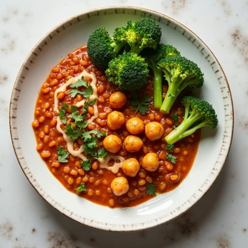 Roasted Chickpeas with Creamy Lentil Stew and Steamed Broccoli